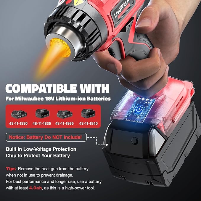 LIVOWALNY Heat Gun Compatible with Milwaukee 18V Battery: 350W Cordless Battery Powered Heat Gun 122℉~1022℉ (50℃~550℃) -Variable Temperature Control w/LED Digital Display for Shrink Tubing, Vinyl Wrap