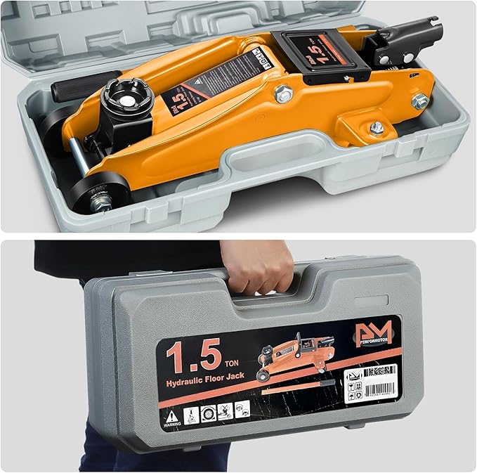 PM PERFORMOTOR Low Profile Hydraulic Trolley Service/Floor Jack, 1.5 Ton (3000 lbs) Capacity, Lifting Range 5.3"-12",Orange,PM-TOL-FJ15-OG