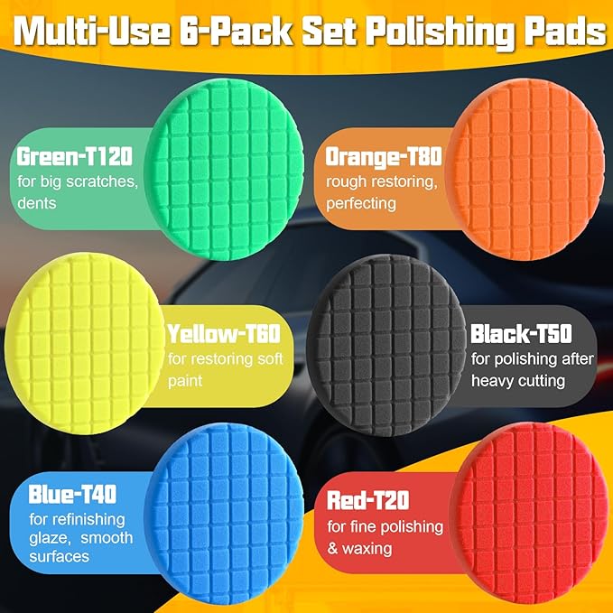 6 PCS Buffing Pads, Polishing Pad Kit 6.5 Inch Face for 6 Inch 150mm Backing Plate Compound, Cutting Polishing Pad Kit for Car Buffer Polisher Compounding, Polishing and Waxing