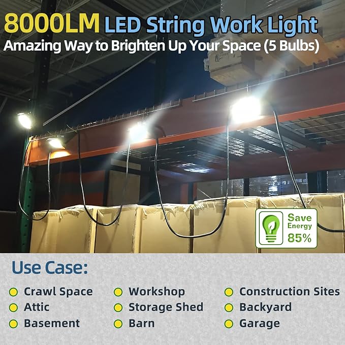Owleye 50FT Led String Work Light 85W 8000LM Waterproof Construction String Lights Linkable Temporary Work Lighting Outdoor Indoor Worklight (5 Light Heads)-2 Pack