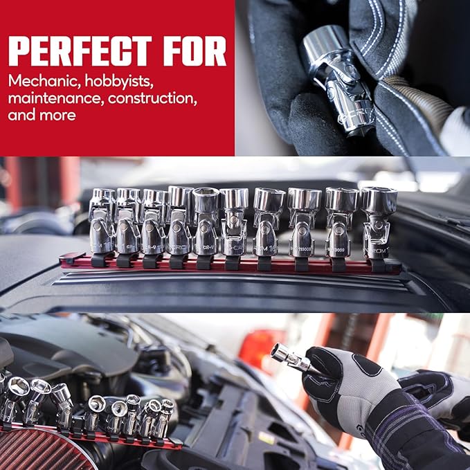 CROM Universal Flex Socket Set - 3/8 Inch Drive 6-Point 10-Piece Swivel Socket Set from 10mm to 19mm Metric - Swivel Joint for Easier Access to Tight Spaces - Aluminum Socket Storage Rail Included