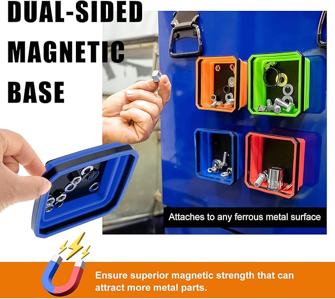 Collapsible Magnetic Parts Tray, 4.5 Inch Foldable Magnetic Square Silicone Tray, Tool Tray Set with Double-Sided Magnetic Base for Screw Bolts Nuts Pins, Car Accessories (Blue)