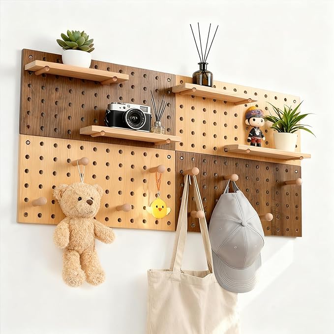 Brown & Beige Wood Pegboard Modular Display Wooden Pegboard Combination Wall Organizer Storage Wall Hooks Shelf for Home, Office, Bathroom, Comes with 4 Pieces Pegboards