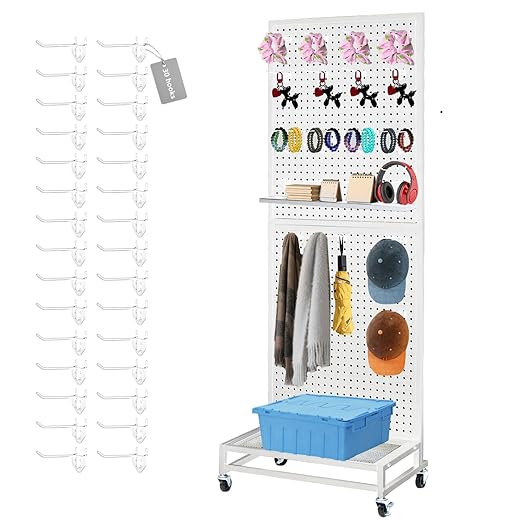 NectaCol Metal Pegboard Display Stand with Base Plate, Two Separately Pegboard Panels, 2'x 5' Standing Pegboard Display with four Wheels, Peg Board Display Rack, Extra 30 pieces Hooks (White)