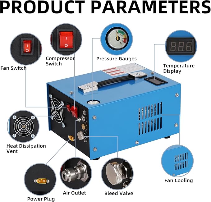 PCP Air Compressor, 4500 Psi/30 MPa Scuba Tank Compressor, 12V DC/120V AC Power Supply, Built-in Power Converter, Suitable for PCP Air Rifles, Paintball, High-Pressure Tank Compressors