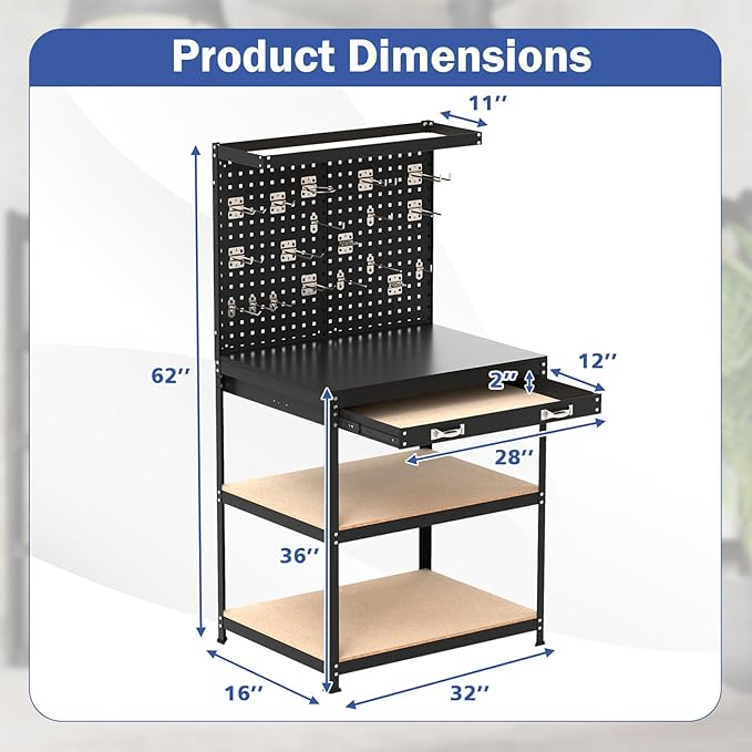 Goplus Workbench with Drawer, 32" x 16" Heavy-Duty Work Table with 2 PCS Pegboard & 4 Shelves, 19 Hanging Hooks, 495LBS Capacity, Metal Tool Storage Work Bench for Garage, Workshop, Home