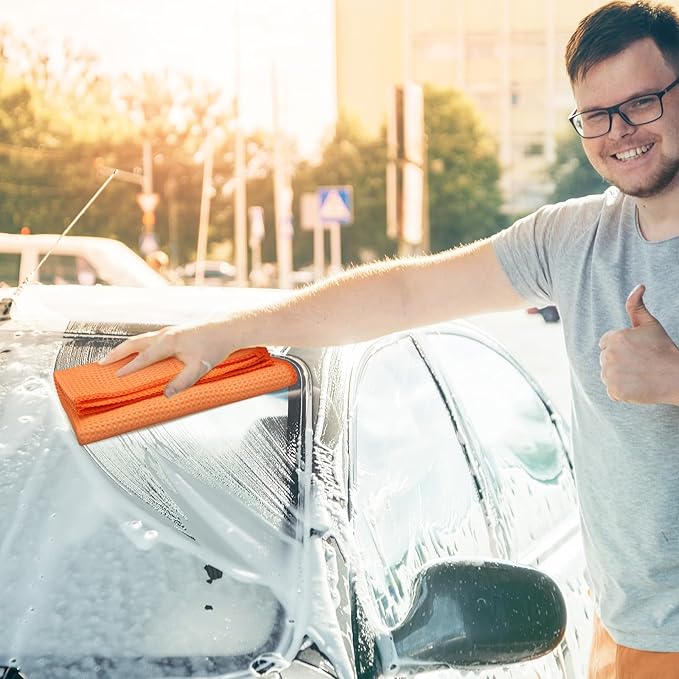 12 Pcs Microfiber Waffle Weave Towels Cleaning Cloths 16 x 16 Inch Car Wash Towel Microfiber Drying Cloth Absorbent Lint Free Rags for Glass Car Cleaning Detailing Window Household Kitchen Auto Orange