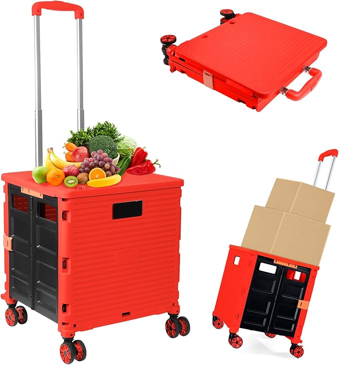 Foldable Utility Cart Folding Portable Rolling Crate Handcart Shopping Trolley Wheel Box with Lid Wear-Resistant Noiseless 360°Rotate Wheel for Travel Shopping Moving Storage Office Use (Red)