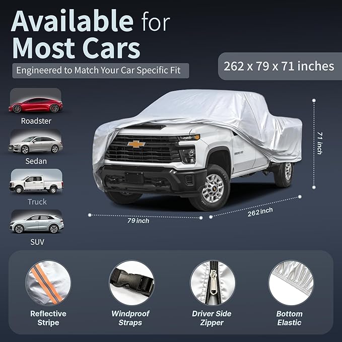 Car Cover Waterproof All-Weather,Heavy-Duty Outdoor Full Exterior Automobiles Snow Cover for Truck 251-262 inch,with Sun Visor,Anti-Scratch Cotton Lining & Zippered,Towel&Storage Bag