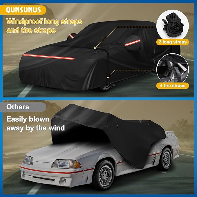 QUNSUNUS Waterproof Car Cover for Ford Mustang 1979-1993, Outdoor Car Covers with Zipper, All Weather Full Exterior Cover with Straps and Elastic Edges for Wind, Sun, UV and Dust Protection