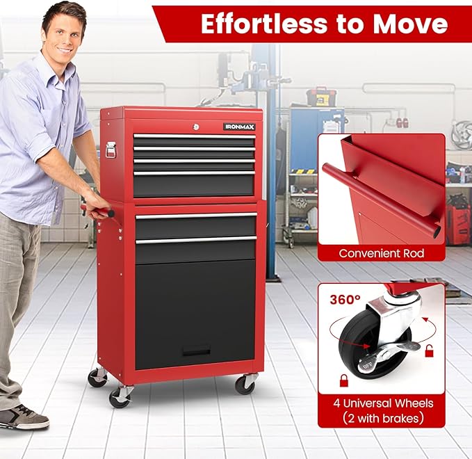 Goplus Tool Chest, 6 Drawers Rolling Tool Cabinet with Detachable Top Toolbox, Universal Lockable Wheels, Protective Liner, Auto Lock, Metal Tool Storage Cart, Tool Box for Garage Workshop