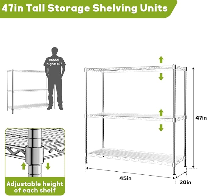 45" W x 20" D x 47" H Heavy Duty Wire Shelving Unit, 3-Tier Utility Storage Rack 1200 lbs Capacity, Adjustable Garage Shelves for Kitchen Garage Pantry, Easy Assembly