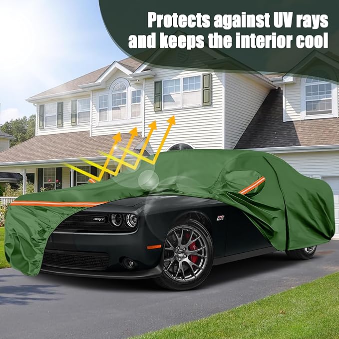 Waterproof Car Covers Replace for 2008-2025 Dodge Challenger, Multilayer Heavy Duty with Cotton Liner All Weather Car Cover with Zipper Door, Windproof Bands for Snow Rain Dust Protection