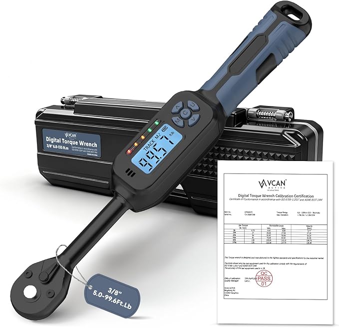 3/8 Torque Wrench Digital (5.02-99.6 Ft.Lb) ±2% High accuracy Digital Inch Pound Torque Wrench 3/8 Drive with Buzzer and Colorful LED Indicator/Track Mode for Moto Auto Car