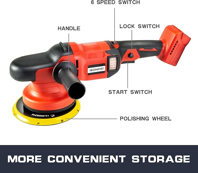 IRONFIST Cordless Orbital Polisher Compatible with Milwaukee M18 Battery, Car Polishing Waxer Machine 6inch work disk with brushless motor 6 speeds 750-6800RPM, (No Battery)