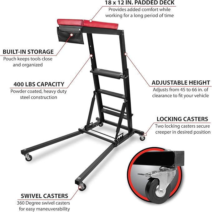 Performance Tool W85038 High Top Adjustable Creeper to Work On Vehicles, Black/Red, 45-66-inch Height