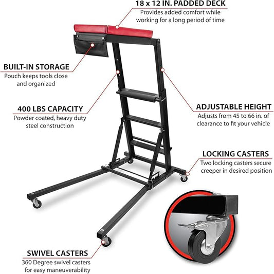 Performance Tool W85038 High Top Adjustable Creeper to Work On Vehicles, Black/Red, 45-66-inch Height