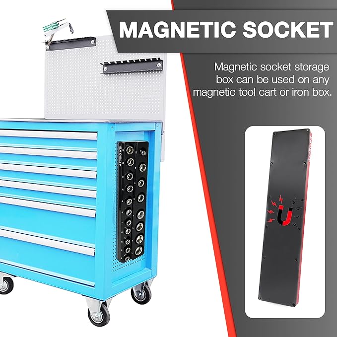 1/2" Magnetic Socket Organizer Set, 2-Piece SAE & Metric Socket Holder Kit,，Tools tray， holds 35 Deep and Shallow 1/2" Sockets, attaches to steel box/tool cart (sockets not included)