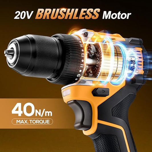 20V Brushless Cordless Drill/Driver, Compact Power Drill Set, Yellow Rechargeable Lithium-Ion Drill Kit, including 2.0Ah Battery, Charger and 3/8-inch Keyless Chuck