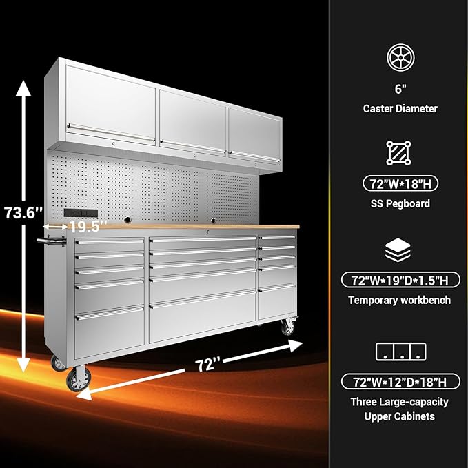 CHETTO C 72-inch Rolling Tool Chest Cabinet Mobile Workbench with 15 Storage Drawers and Wheels 3 Uper Cabinet Outlet SS Pegboard Stainless Steel Tool Box for Garage Warehouse