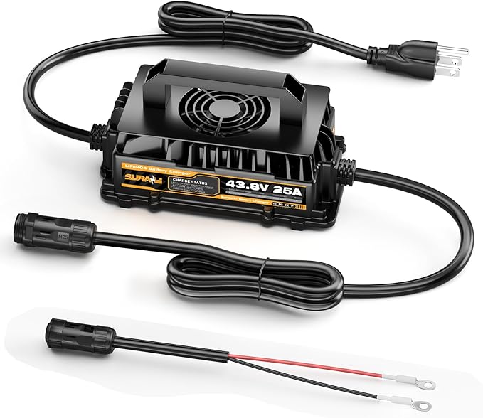 Suraziki 36V Lithium Golf Cart Battery Charger -43.8Volt 25AMP Onboard LiFePO4 Charger for 38.4V 12S Marine Solar Batteries,Waterproof Smart Charger with 0V BMS Activate Mode