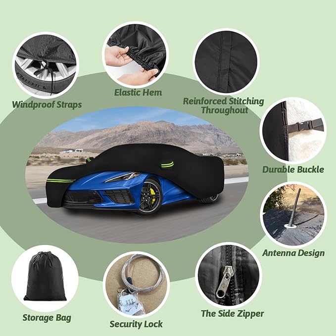 Car Cover for 2020-2025 Chevy Corvette C8, 6 Layers Waterproof All Weather Protection Heavy Duty Car Cover with Windproof Gust Straps and Zipper Door Fits for C8 Stingray,Z51,Z06-Black