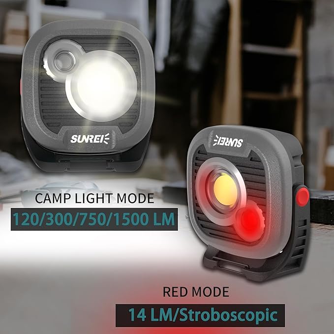 LED Rechargeable Magnetic Work Light SUNREI Mechanic Light Power Bank 180° Rotating,1500LM, 6 Modes,Magnetic&Hook, IPX5 Waterproof, Magnetic Flashlight for Camping, Car Repairing(Gray)
