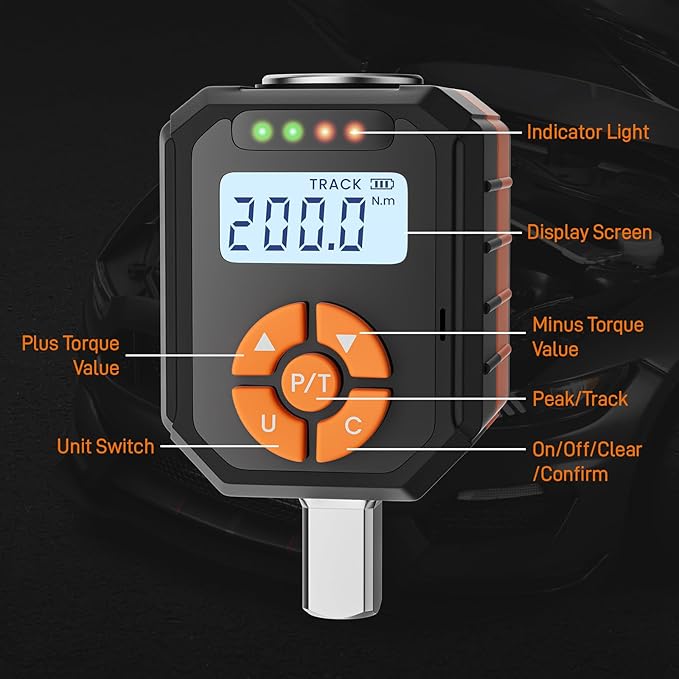1/2" Digital Torque Wrench Adapter Set, 7.3-147.5 Ft.lb/10-200 N.m Electronic Torque Adapter with Buzzer & LED Indicator for Automotive Motocycle Car Repair