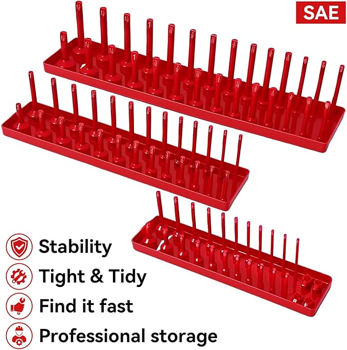 3PCS Socket Organizer Tray Set, SAE Socket Storage Trays, 1/4-Inch, 3/8-Inch & 1/2-Inch Drive Deep and Shallow Socket Holders for Toolboxes