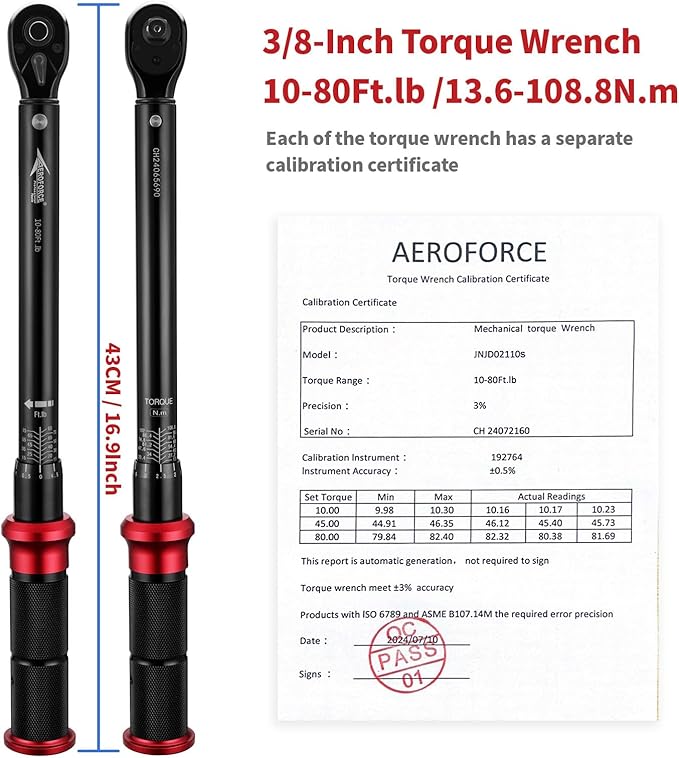 AEROFORCE 3/8-Inch Drive Torque Wrench（10-80 lb.ft / 13.6-108.8 Nm),72 Tooth Dual Direction Reversible Ratchet, Dual Range Scales, Precision Calibrated for Bike, Motorcycle and Car Repair