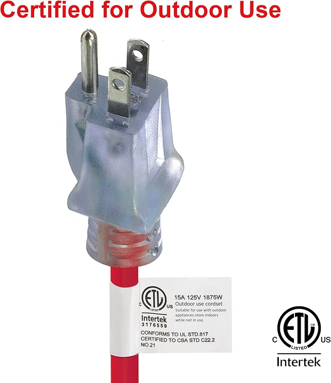 Clear Power Heavy Duty Outdoor Extension Cord - 50 FT, Red | for Extreme Cold Weather -50°C, 12/3 SJTW, Water & Weather Resistant, Flame Retardant, 3 Prong Grounded Plug (CP10107)