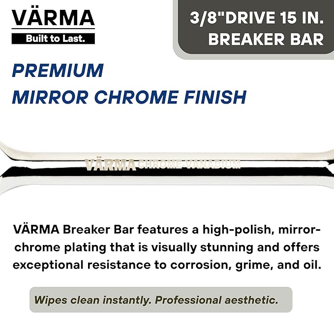 3/8-Inch Drive Breaker Bar, 15-Inch – Heavy Duty CR-MO Head & 15mm Thick Shaft – Dual-Knurled Non-Slip Grip, Constant Tension Flex Head, Premium Mirror Chrome Finish