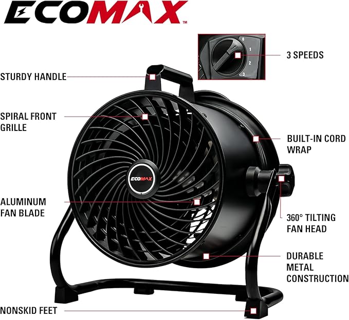 ECOMAX 10-Inch Drum Fan, 900CFM 3-Speed Industrial Floor Fan with 360° Tilt Head, 85W 120V Aluminum Blade Shop Fan for Garage Workshop Basement Patio, UL Certified, 8.6 LBS