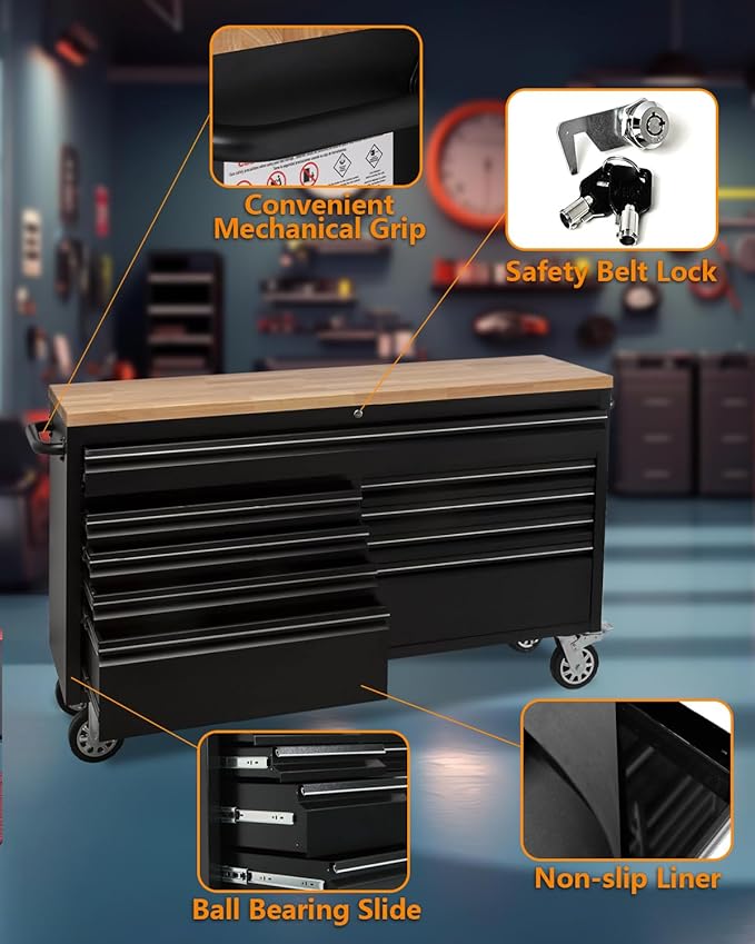 61-Inch Heavy-Duty Rolling Tool Chest & Mobile Workbench with 9 Drawers, Steel Storage Cabinet with Rubber Wood Top, Key Lock, Drawer Liners and Wheels for Garage, Workshop, Black