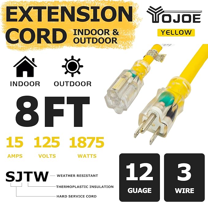 YOJOE Indoor Outdoor Extension Cord with Lighted End, 3 Prong 15A Weatherproof Power Cord, 12 Gauge Heavy Duty 8 ft Yellow Extension Cord for Garage, Garden and Home, 12/3 SJTW UL Listed