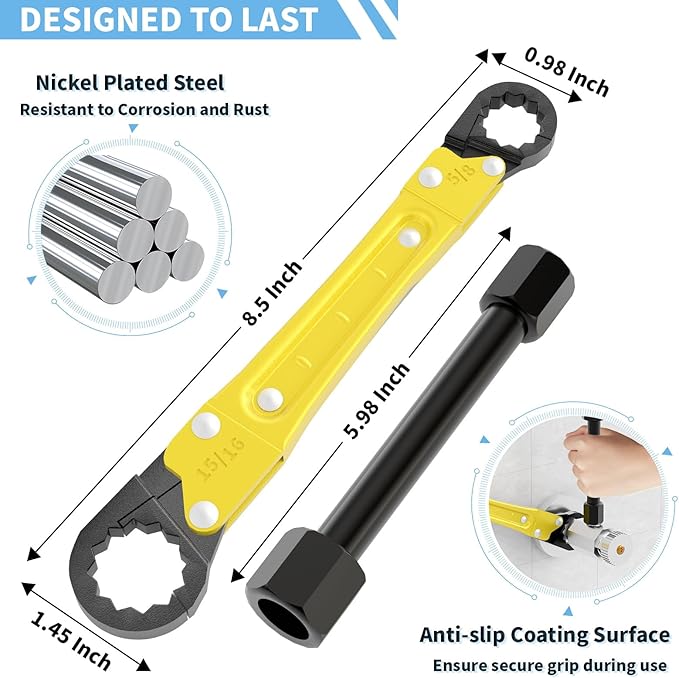 Plumbing Tools Angle Stop Wrench Kit - 3-Piece Plumber Tool Set with Compression Sleeve Puller & 4-Way Sillcock Key - Fits 3/8" & 1/2" MPT Ferrule Removal Tool for Tight Spaces Under Sink-Yellow