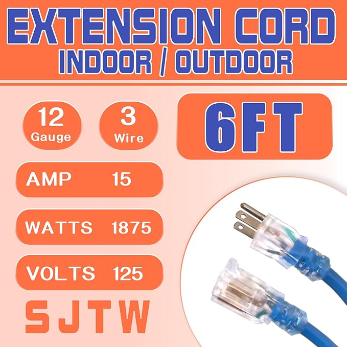 Outdoor Extension Cord with Lighted End, 12 Gauge Heavy Duty 6 FT, 3 Prong Grounded 15 Amp, 12/3 SJTW Waterproof Power Cord for Appliance, Blue