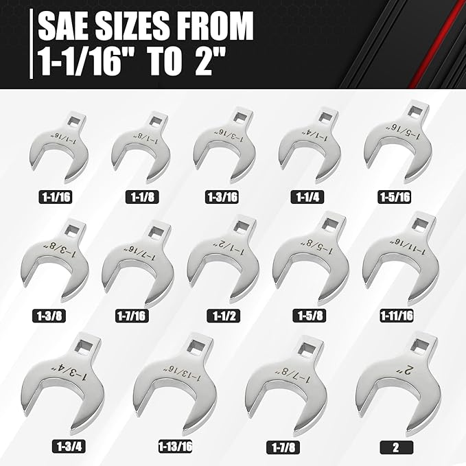 C&T 14-Piece 1/2” Drive Jumbo Crowfoot Wrench Set, SAE Sizes from 1-1/16" to 2" with Storage Tray,Chrome Vanadium Steel and Fully Polished Chrome Finished