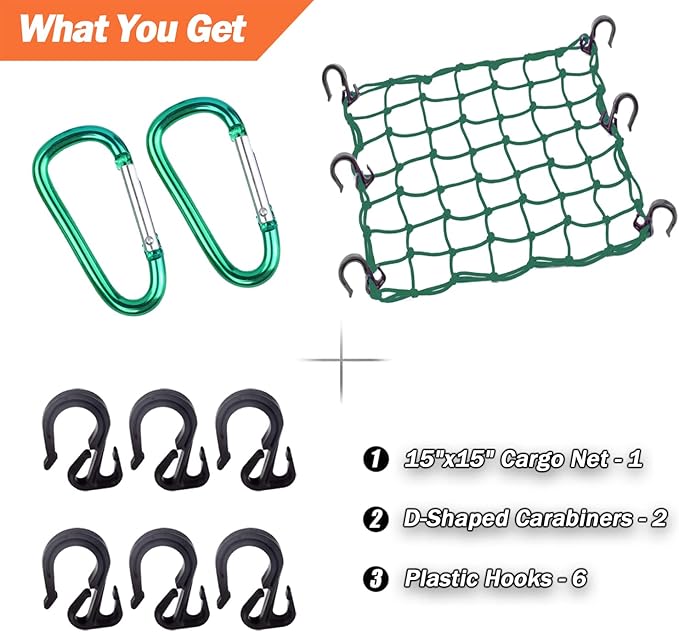 Cargo Net 15"x15" Stretches to 30"x30" with Thicken Hooks | Natural Latex Core, Tight 2”x2” Mesh Small Heavy Duty Bungee Net for Motorcycle Helmet, Bike, ATV, UTV, Luggage (Army Green,1 Pack)