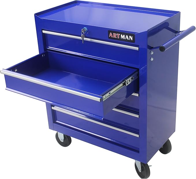 YOPTO Multifunctional Cart with 5 Ball-Bearing Drawers,Portable Rolling Tool Chest W/ 4 Wheels,Key Locking and Pull Handle,for Garage,Warehouse,Workshop,Repair Shop,Blue