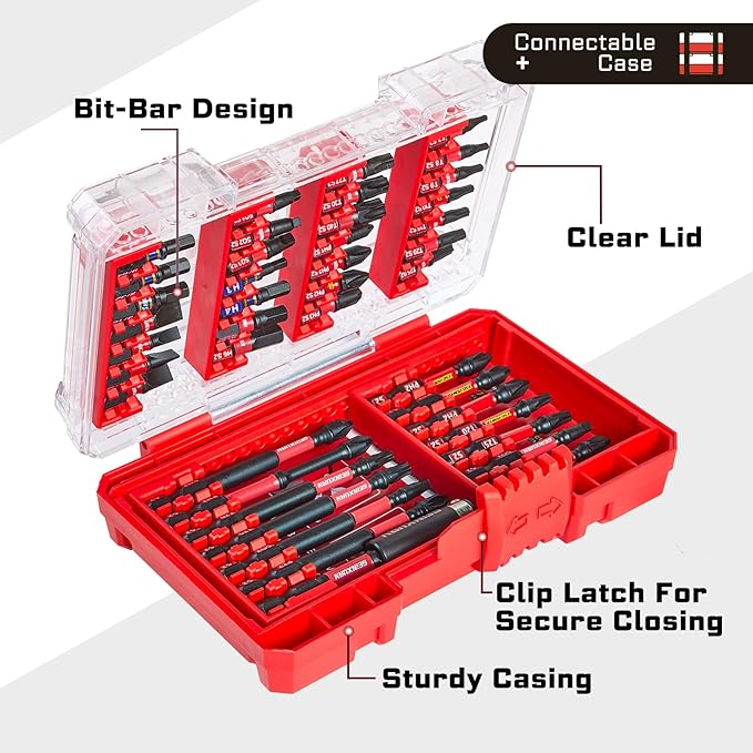 Geinxurn 42Pieces Impact Screwdriver Bits Set, Magnetic S2 Steel Phillips/Slotted/Square/Torx Insert Power Bits Tips, Impact Bit Holder with Red Storage Box Case