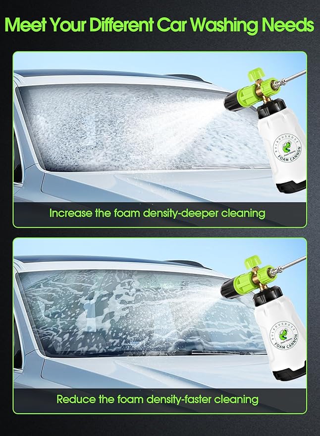 Foam Cannon for Pressure Washer (Wide Mouth), Stainless Steel Filter Thick Snow Car Wash Foam Gun, Adjustable Soap Cannon with 1/4“ Quick Connector, Additional 1.1mm Orifice Nozzle, 1L HDPE Bottle