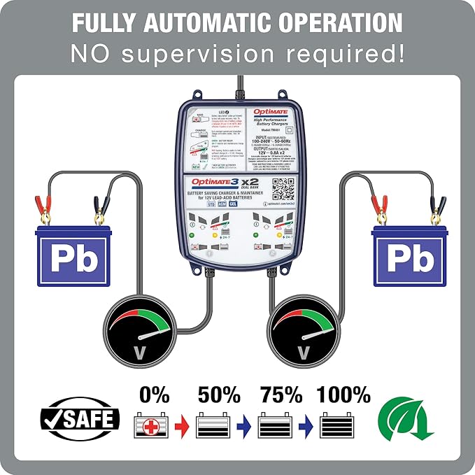 Optimate 3 Dual Bank, TM-451, 7-Step 2x12V 0.8A Sealed Battery Saving Charger & maintainer