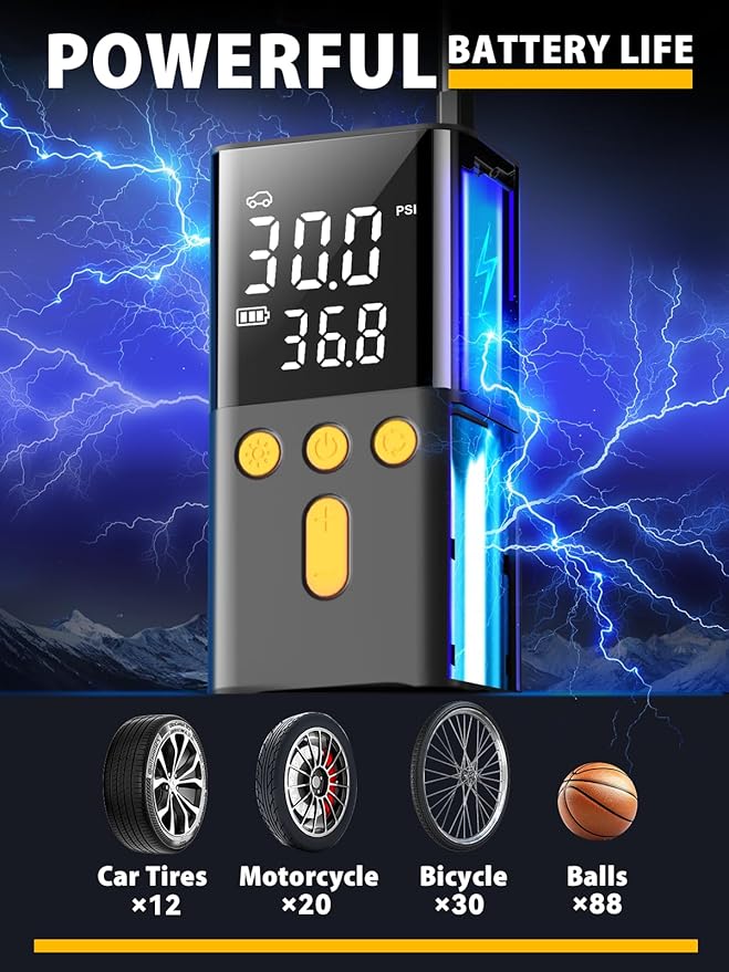 Portable Tire Inflator for Car 150 PSI, 4X Faster Car Tire Pump with Pressure Gauge, Large Dual Digital Screen and Auto Off Function, LED Light