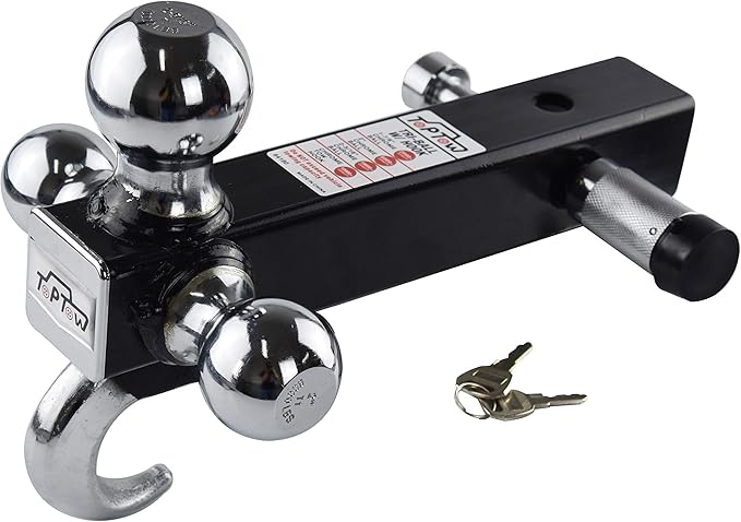 TOPTOW 64180L Trailer Receiver Hitch Triple Ball Mount with Hook, Fits for 2 inch Receiver, Chrome Balls, 2 inch Shank, with 5/8 inch Lock