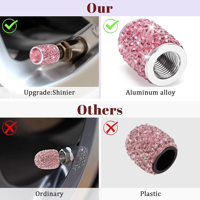 ToBeQueen Bling Tire Valve Caps, 4 Pack Handmade Crystal Rhinestone Diamond Sparkly Tire cCover Universal Dustproof Light Pink Car Accessories for Car/SUV/Motorcycle/Bike(Pink)