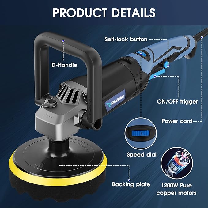 Buffer Polisher, Rotary Buffer 1200W, Car Buffing Kit with Speed 1600-3500RPM, 6inch/7inch Backing Plate, Buffer Polisher for Car Detailing