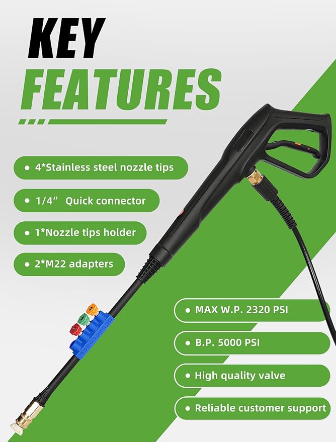 Pressure Washer Gun Set, Max W.P. 2320PSI, B.P. 5000PSI, Replacement for Ryobi Powerstroke Greenworks, M22-14mm & M22-15mm Fitting, 4 Stainless Steel Nozzle Tips & Holder