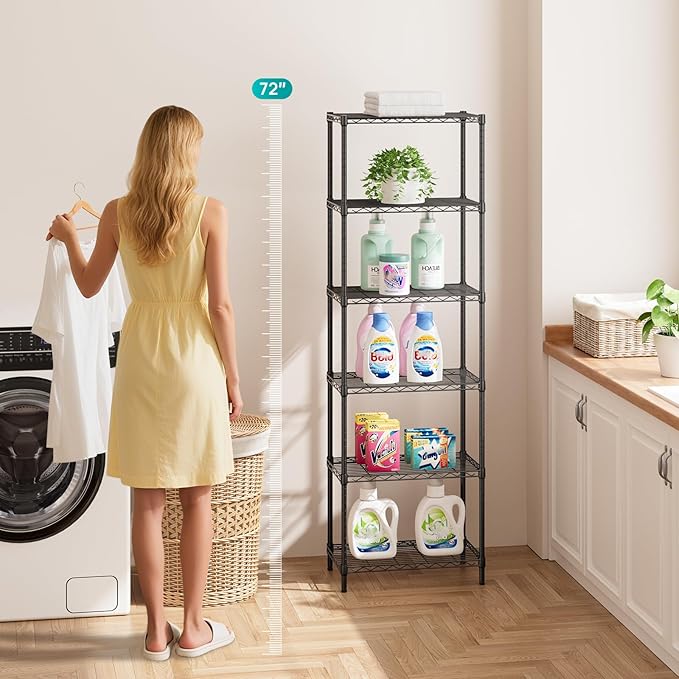 SINGAYE 6 Tier Adjustable Storage Shelf Wire Shelving Unit Metal Shelves Standing Closet Bathroom Organizers Pantry Kitchen Garage Laundry Room Organization Home Rack 12" D X 22" W X 69.5" H Black