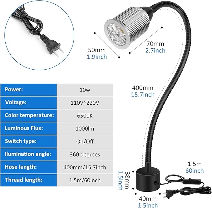 10W Magnetic Machine LED Work Light with Flexible Gooseneck and Magnetic Base, 1000lm, 6500k Magnetic Base Tool Lamp for Work Bench, lathe, Sewing Machine, Grill, Shop, Industrial Lighting